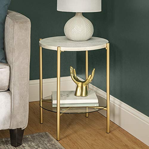 Blaine Mid Century Modern Marble and Glass Round Accent Table, 20 Inch, Marble and Gold