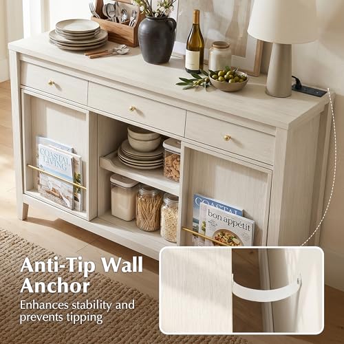 Buffet Cabinet with Storage, Modern Sideboard Cabinet with 3 Drawers, 2 Sliding Doors & Pull-Out Shelf, Coffee Bar Cabinet with Charging Station, White