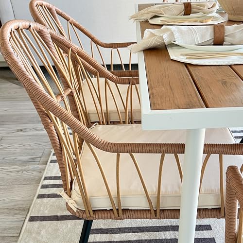 4 Pieces Rattan Wicker Dinning Chairs, Outdoor Indoor Patio Furniture Set with Cushion and Curved Back All Weather Bistro Chair for Garden Backyard Porch Poolside Restaurant (Beige)