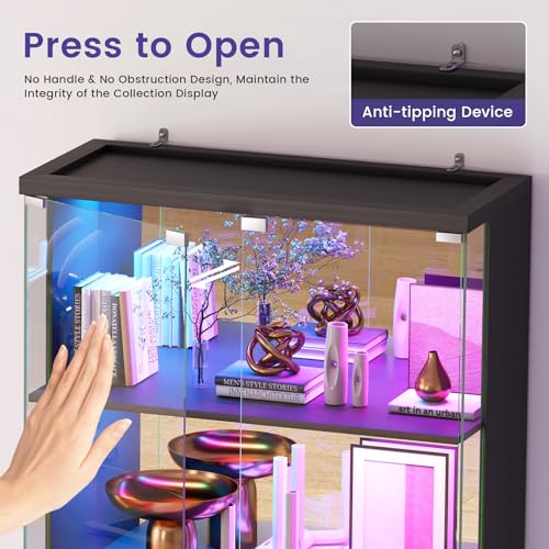 Glass Display Cabinet with Doors and RGB LED Lights | 69" Tall Curio Cabinet, 5-Tier Wooden Shelves, Lockable Display Case, Motion Sensor, for Collectibles, Living Room, Black