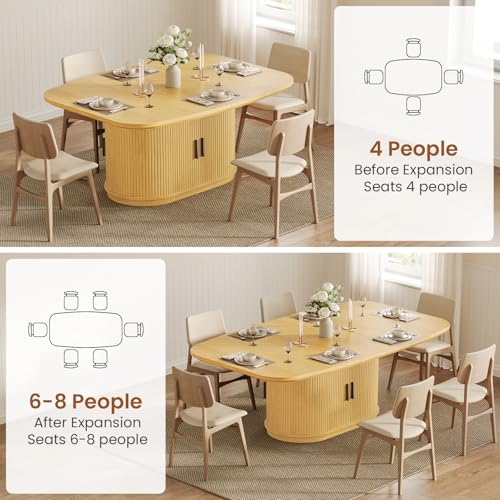 47.2"-63" Extendable Dining Table with Storage Cabinet, Fluted Wood Kitchen Table Seats 4-8, Modern Farmhouse Expandable Dining Room Table for Small Space, Apartment, Home Dining, Oak