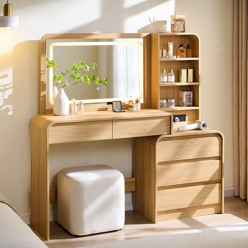 50” Modern Vanity Desk with Mirror and Lights with Charging Station Natural, view 2
