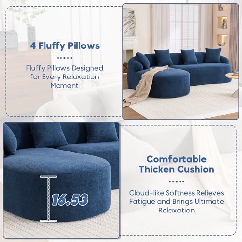 99" Curved Sectional Sofa with Chaise, Modern Luxury Chenille Cloud Couch for Living Room, Heavy Duty Oversized Deep Seat 3-Seater, 700lbs/Seat Weight Capacity, No Assembly, Antique Blue