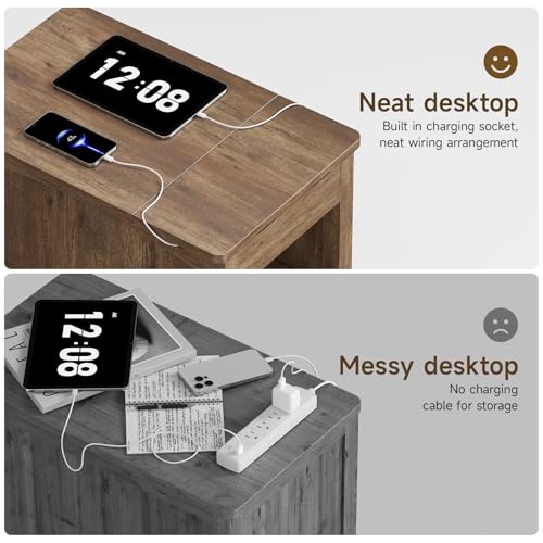 End Table with Charging Station, Narrow Side Table for Living Room, Farmhouse Night Stand with Drawer and Storage Cabinet, Wooden Bedside Table for Small Spaces Living Room, Glass Door (Brown)