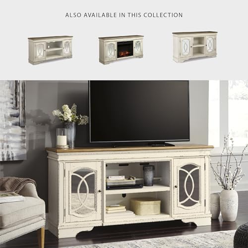 Signature Design by Ashley Realyn 74" Farmhouse TV Stand with Fireplace Option, White Entertainment Center for TVs up to 85", Antiqued Chipped White, Wood, Veneer and Engineered Wood