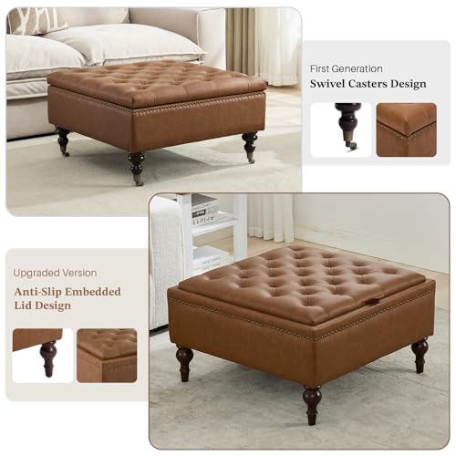 Storage Ottoman Coffee Table, Large Ottoman with Storage Oversized Square Footstool with Anti-Slip Embedded Lid, Tufted Upholstered Ottomans for Living Room, Brown Faux Leather