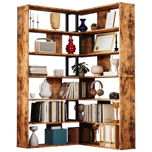 Corner Bookshelf, Bookshelves 6-Tier with Industrial Large Corner Shelf Bookcases Display Storage Shelves for Home Office, Living Room, Bed Room, Vintage Brown