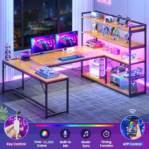 L Shaped Desk with Storage Shelves, 63” Reversible U Shaped Office Desk, Gaming Desk with Power Outlet and LED Lights for Home Office, Rustic Brown