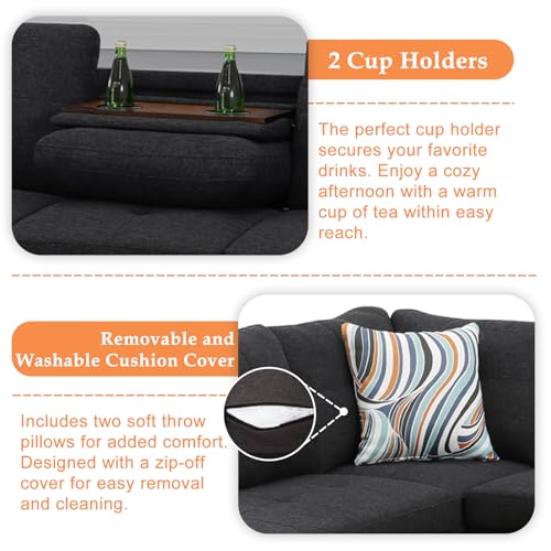 Sectional Sofa Couch, Modern 4-Seaters Living Room Furniture Sets with Chaise Lounge, Ottoman & 2 Pillows | L Shape Couch | Cup Holder | Linen Fabric, Charcoal Gray