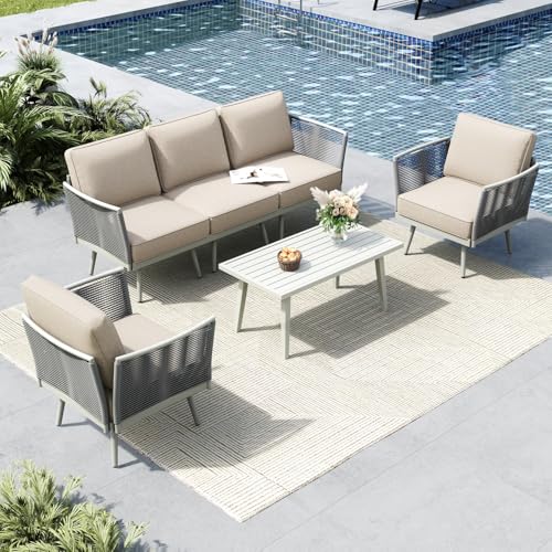 6 Pieces Metal Patio Furniture Sets with Detachable Rope Rattan Armrest, 5 Seats Steel Outdoor Conversation Set All Weather Patio Sectional Couch with Coffee Table for Garden, Beige Cushion