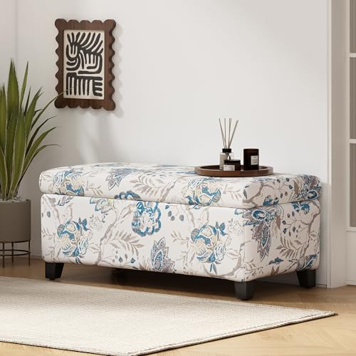 Nesbit Living Room Ottoman with Storage, Entryway Fabric Upholstered Storage Ottoman Bench, Rectangular Sofa Foot Stool, Bedroom End of Bed Bench, Shoe Organizer, Light Blue