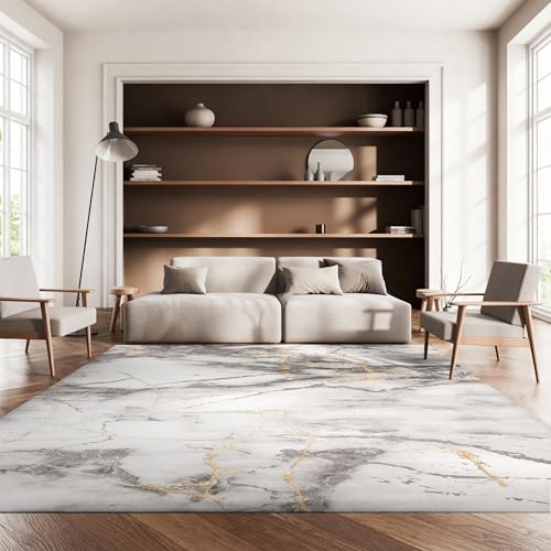 SAFAVIEH Craft Collection Area Rug - 6'7" x 9', Grey & Gold, Modern Abstract Design, Non-Shedding & Easy Care, Ideal for High Traffic Areas in Living Room, Bedroom (CFT877F)
