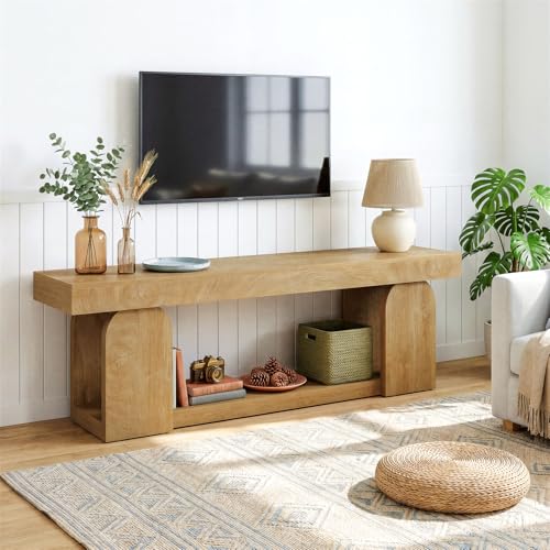 63" TV Stand for 55/60/65/75-Inch TVs, Farmhouse Entertainment Center with Storage Shelves, Wooden TV Media Console for Living Room, Bedroom, Natural Wood