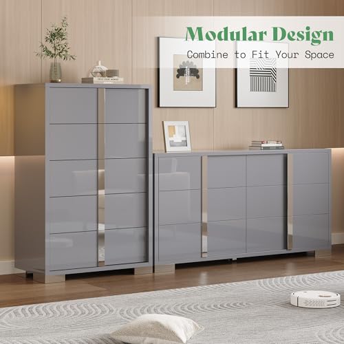 4 Piece Bedroom Dresser Set, Modern High Gloss UV Finish, 2 Nightstands, Chest of 5 Drawers & 6-Drawer Dresser, Electroplated Metal Handles, Bedroom Furniture Set, Grey