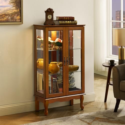 Oak lighted curio cabinet with mirrored back and glass doors, view 8