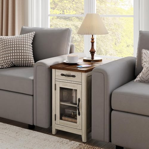End Table with Charging Station, Modern Farmhouse Wooden Side Table with Drawer, Detachable Holder, Extra Storage & Display Space, for Living Room and Bedroom, Glass Door, Washed Grey