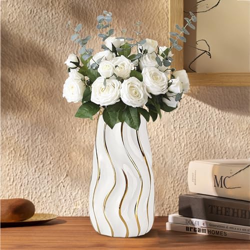White Ceramic Vase for Home Decor,Decorative Flower Vase, Vertical Stripe Ceramic Vases for Home Décor, Bedroom, Office, Living Room, Bathroom, Tabletop Decor, Centerpiece (White)