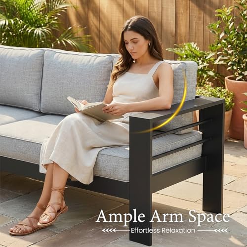 Outdoor Aluminum Furniture Set, 5 Pieces Patio Sectional Conversation Chat Sofa Modern Seating Set with Coffee Table