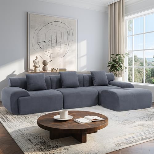 122 Inch Modular Sectional Sofa, Premium Corduroy Cloud Couch with Ottoman, 1200lbs Capacity Heavy Duty Deep Seat Sectional, High-Density Foam (Gray, 3 Seater & 1 Ottoman)