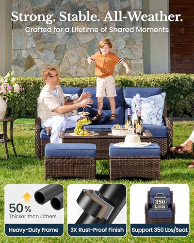 11-Piece Luxury Patio Furniture Set with 6" Thick Cushions, Weather-Resistant Wicker High Back Swivel Rocker Chairs, Senior-Friendly Outdoor Sofa Set for Large Deck, Yard and Poolside, Blue(V2)