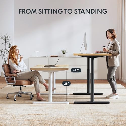 FLEXISPOT Solid Bamboo Standing Desk, 55" x 28" Real Bamboo Desktop with Natural Grain, Durable & Sustainable Workstation for Home Office and Multi-Monitor Setups (White Oval Legs)