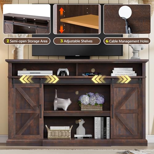 66" Farmhouse TV Stand for 75" TVs with Adjustable Shelves, Brown, view 7