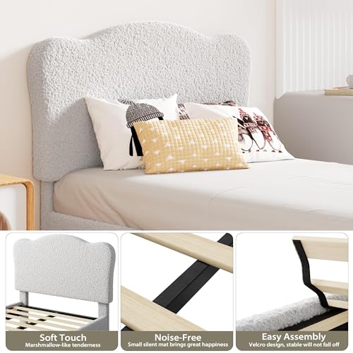 Upholstered Twin Size Bed Frame with Scallop Headboard, Cute Velvet Twin Bed for Girls or Boys, Sturdy Platform Bed with Wooden Slats, No Box Spring Needed, Grey