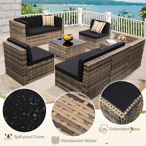 8 Piece Patio Furniture Set, Outdoor Modular Conversation Set, Black | UV Treated Wickers, Machine Washable Cushions, Seats 6, 2 Hidden Storage Compartments, Rustproof Frame, Waterproof