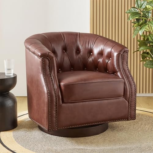 Genuine Leather Swivel Accent Chair, Swivel Rocker Barrel Chair, Traditional Chesterfield Armchair with Button-Tufted Design, No Assembly Required, Brown