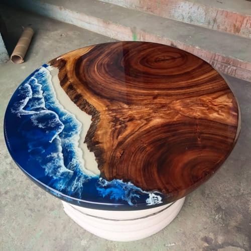 RESINHOMEFURNITURE Stunning Ocean-Inspired Resin Epoxy Table with Natural Wood Grain—Handcrafted Round Live Edge Table Deep Blue Waves and Coastal Charm (Without Stand, 18 x 18 Inches)
