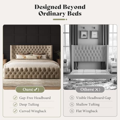 Upholstered Bed Frame Wingback Headboard, Queen Size, Khaki, view 7