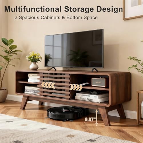 46" Mid-Century Modern TV Stand with Slatted Sliding Doors, view 8