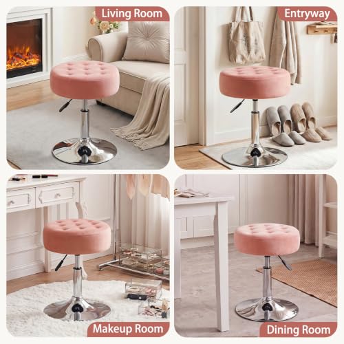 Mid-Century Velvet Tufted Makeup Ottoman Stool, 360° Swivel Adjustable Vanity Stool Modern Big Size Vanity Chair Stools for Living Room Bedroom Bathroom, Pink