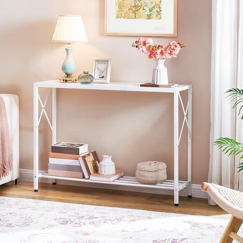 Console Table 41.8”, 2-Tier Entryway Table Narrow Sofa Table with Shelves, Entrance Table with Stable X-Frame, for Entryway, Hallway, Living Room, Foyer, Corridor, Office, White