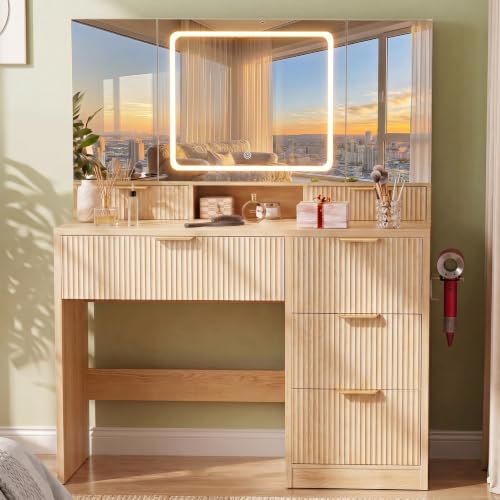 Vanity Desk with 3-Way Mirror and Lights, Makeup Vanity with 360° View Mirror, view 2