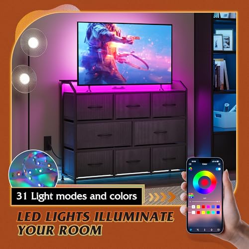 Dresser for Bedroom, 8 Drawer LED Dresser with Outlet, Black, view 7