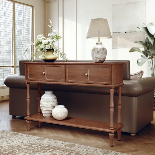 Console Table with Drawers for Entryway, Mid-Century Entryway Table with Storage, Brown Narrow Entryway Table with Open Shelf Behind Sofa for Living Room, Foyer, Hallway