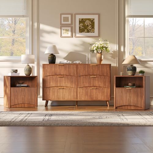 3-Piece Bedroom Furniture Set for Bedroom, 55" Wide Fluted 6-Drawer Dresser with 2 Nightstands, Mid-Century Modern Dresser and Nightstand Set (Walnut)