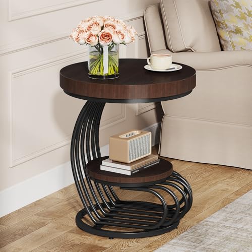 Tribesigns Round End Table, 2-Tier Farmhose Wood Side Table with Shelf Storage, Small Sofa Side Bedside Nightstand, Arc-Shaped Frame Accent Furniture for Living Room, Rustic Brown
