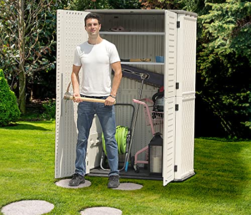Outdoor Storage Shed Waterproof, Resin Vertical Storage Cabinet Double-Layered, Versatile to Store Patio Furniture, Garden Tools, Pool Accessories,Mower (66 Cu.ft,White)