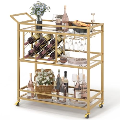 Bar Cart Gold, Home Bar Serving Cart with Wine Rack and Glasses Holder, view 2