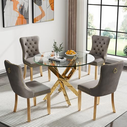 Glass Dining Table Set for 4, Modern 36" Round Kitchen Table with 4 Velvet Dining Chairs and Golden Cross Metal Legs, Modern Circle Dinner Table Set, 5 Piece Dining Set for Kitchen