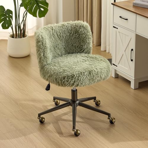 Plush Upholstery Vanity Desk Chair with Curved Back & 90-102° Tilt &Adjustable Height, Cute Rolling Chair with Bronze Base & Golden-Bronze 360° Swivel Wheels for Makeup &Home Office,Grass Green