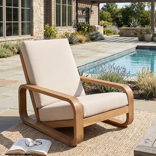 Tustin Acacia Wood Lounge Chair Outdoor with Removable Cushion, Solid Wood Patio Accent Chair with Cushion, Patio Furniture Set Sofa Chair, Light Teak+Beige