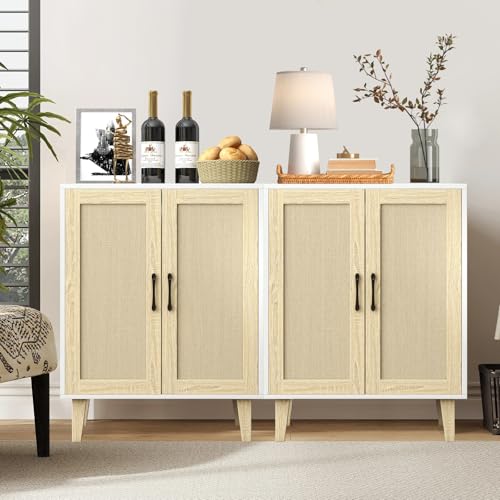 Buffet Cabinet Sideboard with Rattan Decorated Doors Kitchen Storage Cupboard Accent Cabinet (White)