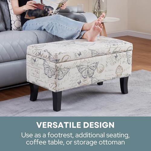 Designs4Comfort Winslow Storage Ottoman Bench 32" - Transitional Upholstered Footstool & Seat, for Living Room, Entryway, Hallway, & Bedroom, Butterfly Fabric