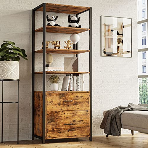 Industrial Bookcase with File Cabinet Drawers, 71.6 in Tall Bookshelf 5 Tier, Freestanding Storage Home Office Cabinet Organizer, Rustic Home Decor, Vintage Brown