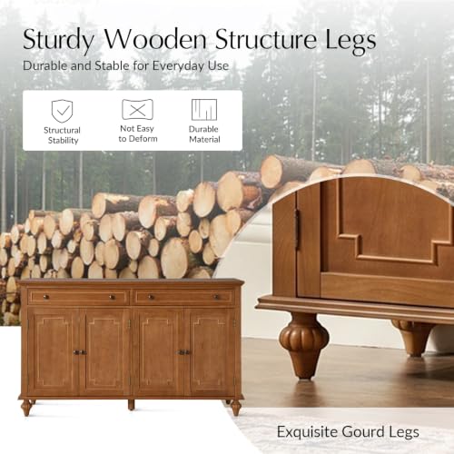 58" Sideboard Storage Cabinet, 4 Doors Storage Sideboard with Adjustable Shelves & 2 Drawers, Chic Channel Design, Transitional Buffet, Acorn