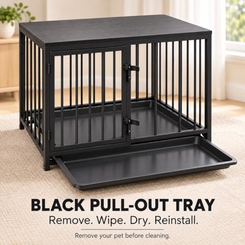 Dog Crate Furniture, 33.5" Metal Dog Kennel, Wood Tabletop, Black, view 6