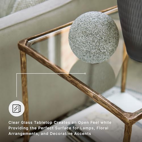 Signature Design by Ashley Ryandale Square Accent Table for Living Room, Sand‑Casted Aluminum Frame With Brass Finish, Glass Top and White Marble Shelf, 21" Size